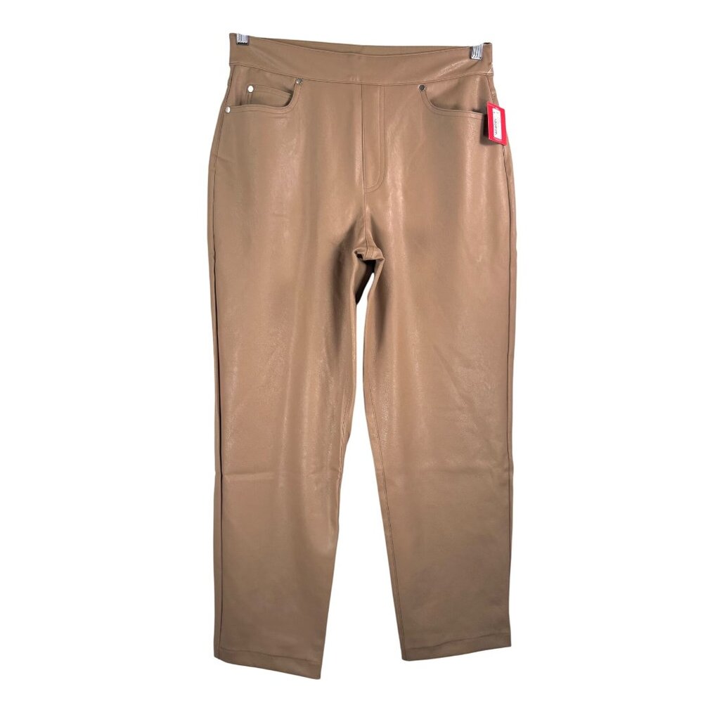 Spanx II slim straight pants cropped preppy faux leather sz L toffee